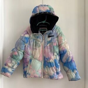 Nike Puffer Jacket Girls 5-6X Pastel Floral Tie Dye Black Fleece Lined Hood Coat